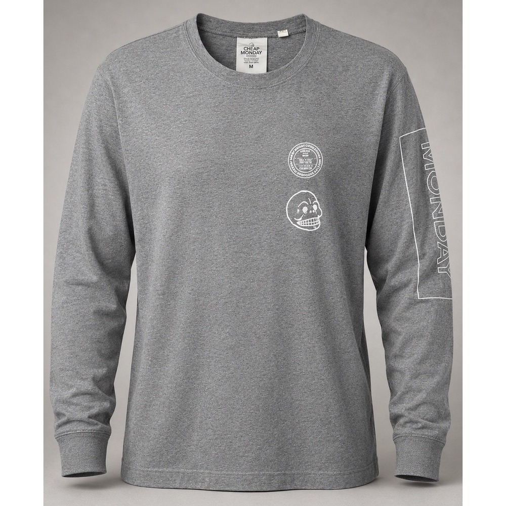 Cheap Monday Mens Long Sleeve T Shirt M Gray Cotton Viscose Skull Graphic Y2K